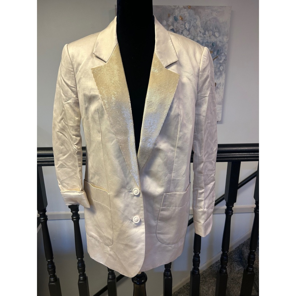French Connection Pavlova Cream Sateen Sequin Lapel Blazer Jacket 75XC3 Size 8